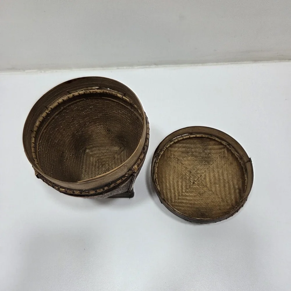 CHINESE ASIAN RICE BASKET Woven‎ Dark Wicker Bamboo Unique Design